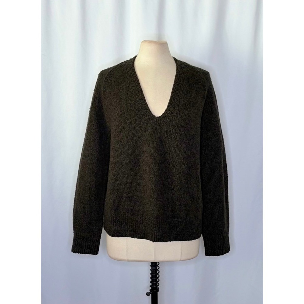 VINCE Merino‎ Wool Cashmere V Neck Sweater Raglan Pullover Green Marled Large - Picture 3 of 14